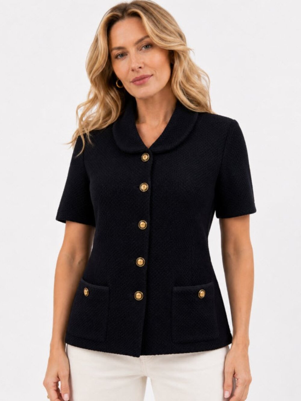 St. John Collection Black Knit Short Sleeve Gold Button Blazer Size 12
